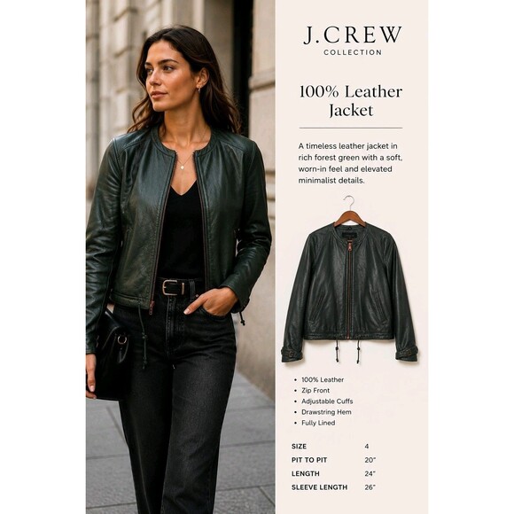 J. Crew Jackets & Blazers - J.Crew Collection Green Leather Jacket 4 Quiet Luxury Moto Zip
